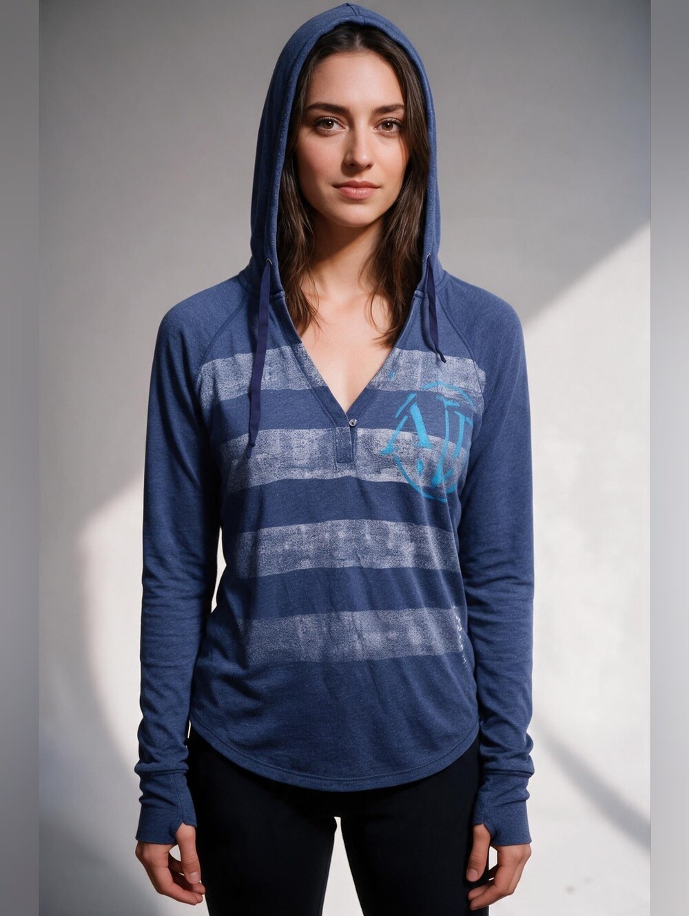 American Eagle Outfitters Navy Blue Striped Hooded Long Sleeve Top